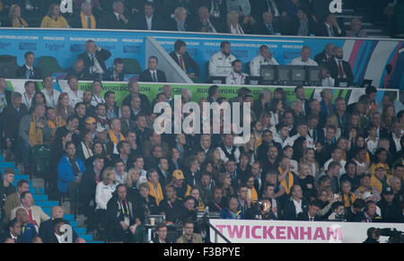 Twickenham Stadium, London, UK. 3rd October, 2015. Prince Harry, The Middletons and Stuart Lancaster watch the England v Australia Pool A evening match of the Rugby World Cup 2015 unfold. Credit:  sportsimages/Alamy Live News Stock Photo