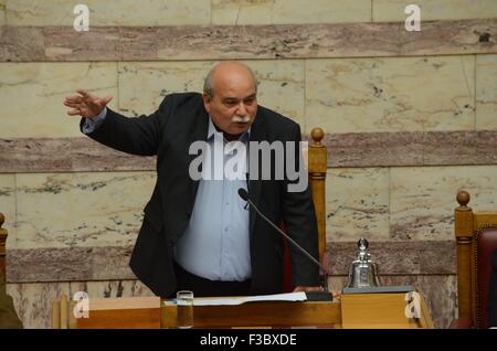 Athens, Greece. 04th Oct, 2015. New President of the Greek Parliament Nikos Voutsis talks to the parliament. Greek Legislators vote in the Greek Parliament for the new president of the Greek Parliament. The only candidate Nikos Voutsis was elected with 181 votes. © George Panagakis/Pacific Press/Alamy Live News Stock Photo