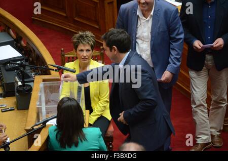 Athens, Greece. 04th Oct, 2015. Greek Prime Minister Alexis Tsipras casts his vote. Greek Legislators vote in the Greek Parliament for the new president of the Greek Parliament. The only candidate Nikos Voutsis was elected with 181 votes. © George Panagakis/Pacific Press/Alamy Live News Stock Photo