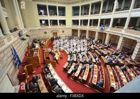 Athens, Greece. 04th Oct, 2015. General wide angle view of the Greek parliament. Greek Legislators vote in the Greek Parliament for the new president of the Greek Parliament. The only candidate Nikos Voutsis was elected with 181 votes. © George Panagakis/Pacific Press/Alamy Live News Stock Photo