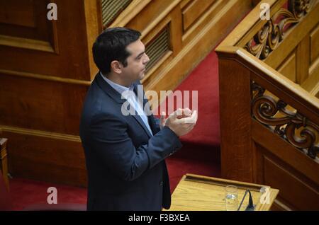 Athens, Greece. 04th Oct, 2015. Prime Minister of Greece claps his hand after the announcement of the winner. Greek Legislators vote in the Greek Parliament for the new president of the Greek Parliament. The only candidate Nikos Voutsis was elected with 181 votes. © George Panagakis/Pacific Press/Alamy Live News Stock Photo