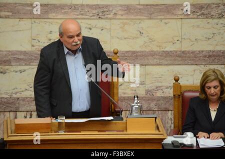 Athens, Greece. 04th Oct, 2015. New President of the Greek Parliament Nikos Voutsis talks to the parliament. Greek Legislators vote in the Greek Parliament for the new president of the Greek Parliament. The only candidate Nikos Voutsis was elected with 181 votes. © George Panagakis/Pacific Press/Alamy Live News Stock Photo