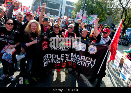 Manchester, UK. 4th October, 2015. An estimated 85 thousand people take part in a National Demonstration march through the city - 'no to austerity'. A week of pro-peace, anti-austerity, anti-war, anti-Tory, protests dubbed 'Take Back Manchester' has been  organised by The People's Assembly and timed to coincide with the Conservative Party Conference in Manchester on 4th - 7th Oct 2015. Over 40 events are planned, including a speech by new Labour leader Jeremy Corbyn timed to compete with closing speech of Tory leader David Cameron. Credit:  Graham M. Lawrence/Alamy Live News. Stock Photo