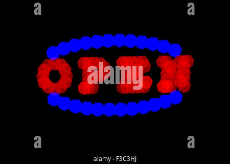 blurry red and blue neon signboard with word open on back blackground Stock Photo