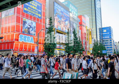 Busy street in Akihabara known as Electric Town or Geek Town selling Manga based games and videos in Tokyo Japan Stock Photo
