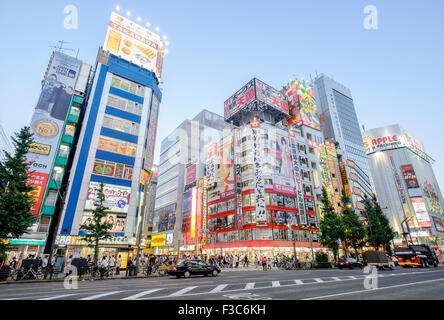 Billboards on shop fronts in Akihabara known as Electric Town or Geek Town selling Manga based games and videos in Tokyo Japan Stock Photo