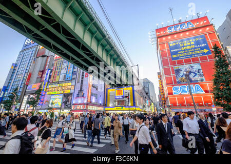 Busy pedestrian crossing in Akihabara known as Electric Town or Geek Town selling Manga based games and videos in Tokyo Japan Stock Photo