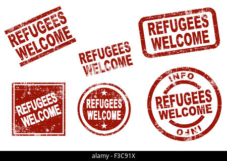 Set of stylized red ink stamps showing the term refugees welcome. All on white background. Stock Photo