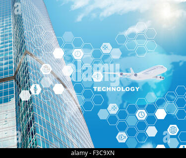 Business center with world map and clouds Stock Photo