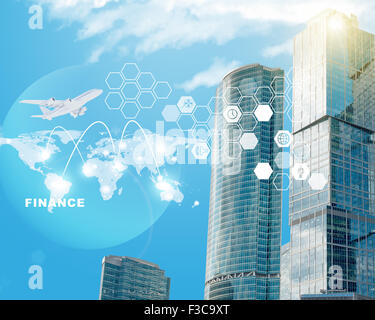 Business center with world map and jet Stock Photo