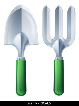 A garden fork and trowel spade gardeners gardening tools Stock Photo