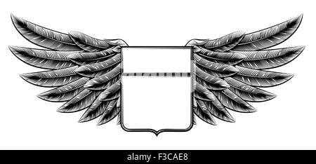 Original illustration of vintage woodcut style winged shield insignia motif Stock Photo