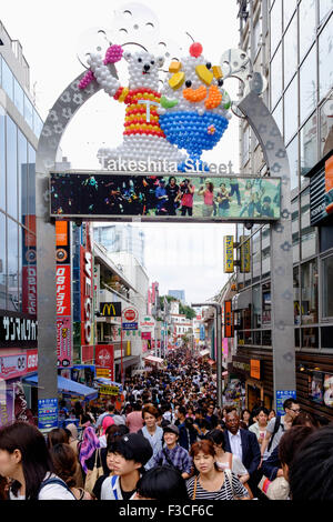 Very crowded pedestrian shopping  Takeshita Street on trendy Harajuku district of Tokyo Japan Stock Photo
