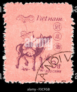 VIETNAM - CIRCA 1985: A postage stamp printed in Vietnam shows a children playing on a buffalo, as on the Dong Ho painting, cele Stock Photo