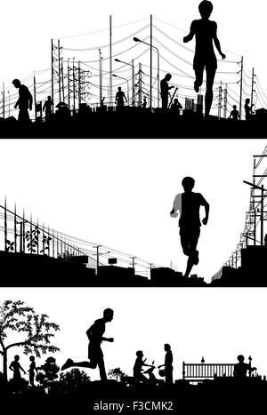 Set of EPS8 editable vector silhouette foregrounds of joggers running with all figures as separate objects Stock Vector