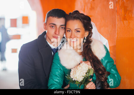 Romantic groom and bride in their wedding day Stock Photo