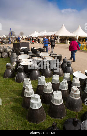 UK, England, Lincolnshire, Lincoln, Antiques Fair, old industrial lighting on sale Stock Photo