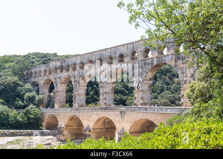 Pont du Gard, ancient Roman aqueduct in France - view from right bank Stock Photo
