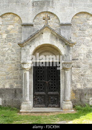 Church door of the St-Hadelius Church from the 11th century in Celles. Belgian Ardennes Stock Photo