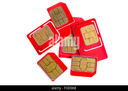 Stack of red sim card on white  background Stock Photo