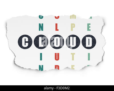 Cloud networking concept: Painted black word Cloud in solving Crossword Puzzle on Torn Paper background Stock Photo
