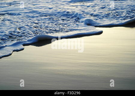 Sunset beach photo with a nice shinny wet sand and the waves foam Stock Photo