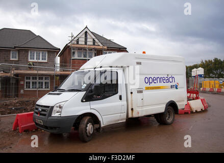 Openreach enginners preparing for the imminent launch of super-fast broadband in one of Europe’s largest and smartest new mixed housing and business developments at Buckshaw Village. Located in easy reach of the M6, M61 and M65, Buckshaw Village is a new residential and industrial area between the towns of Chorley and Leyland in Lancashire. The new development is taking place on the former site of the Royal Ordnance Factory (ROF) Chorley, and covers several square kilometres. The area of land was known as Buckshaw, before it was requisitioned by the War Office in the 1930s. Stock Photo