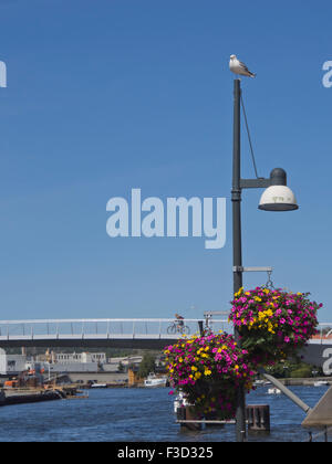 A summer promenade along the harbour in the center of Fredrikstad Norway, footbridge and lamppost with flowerpot Stock Photo