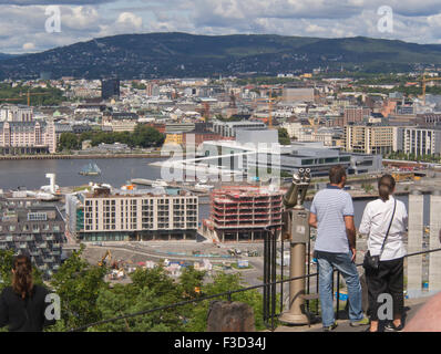 From the Ekeberg hill you will have a superb view of central Oslo Norway, the Opera house and the fjord Stock Photo