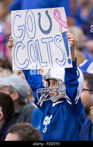 Overtime. 4th Oct, 2015. Indianapolis Colts fan with a sign during the NFL game between the Jacksonville Jaguars and the Indianapolis Colts at Lucas Oil Stadium in Indianapolis, Indiana. The Indianapolis Colts won 16-13 in overtime. Christopher Szagola/CSM/Alamy Live News Stock Photo