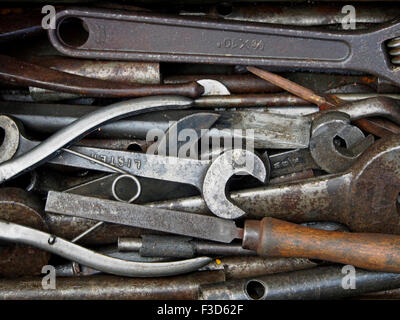 A box of old spanners and other tools, some quite rusty, Stock Photo