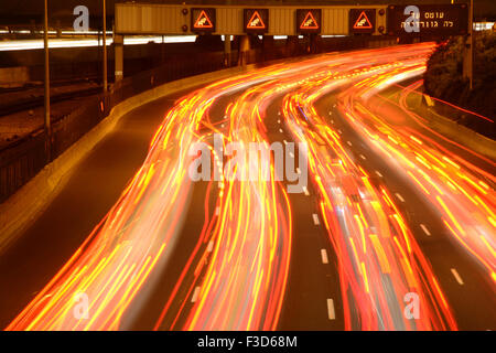 Ayalon  highway traffic at Night, Tel Aviv, Israel Stock Photo