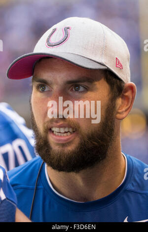 Overtime. 4th Oct, 2015. Indianapolis Colts quarterback Andrew Luck (12) looks on during the NFL game between the Jacksonville Jaguars and the Indianapolis Colts at Lucas Oil Stadium in Indianapolis, Indiana. The Indianapolis Colts won 16-13 in overtime. Christopher Szagola/CSM/Alamy Live News Stock Photo