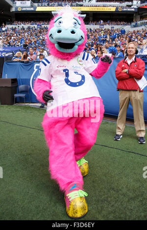 Overtime. 4th Oct, 2015. Indianapolis Colts mascot Blue in action during the NFL game between the Jacksonville Jaguars and the Indianapolis Colts at Lucas Oil Stadium in Indianapolis, Indiana. The Indianapolis Colts won 16-13 in overtime. Christopher Szagola/CSM/Alamy Live News Stock Photo