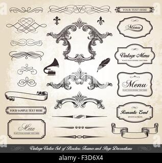 This image is a vector file representing a Vintage Vector Set of Borders Frames and Page Decorations Collection Set. Stock Vector