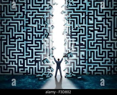 Entrance business solution concept as a businessman opening a maze or labyrinth creating a doorway with glowing light as a metaphor for opportunity and solving a problem.