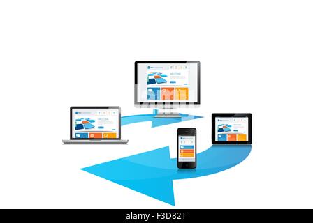 This image is a vector file representing a internet cloud media devices sync concept. Stock Vector