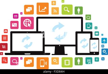 This image is a vector file representing a set of media technology devices with app icons. Stock Vector