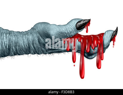 Zombie bloody hand monster holding liquid blood dripping down on a side view as a creepy halloween or scary symbol with texture Stock Photo