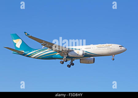 ZURICH - JULY 18: Boeing-767 Oman Air landing in Zurich after long haul flight on July 18, 2015 in Zurich, Switzerland. Zurich a Stock Photo