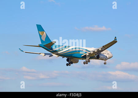 ZURICH - JULY 18: Boeing-767 Oman Air landing in Zurich after long haul flight on July 18, 2015 in Zurich, Switzerland. Zurich a Stock Photo