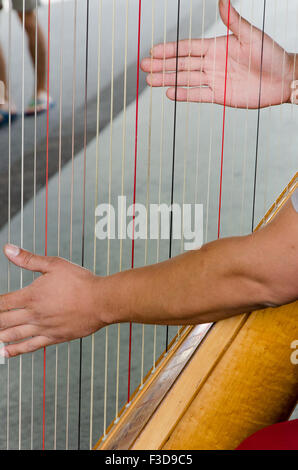 Two hands of an harpist on a harp in the street in Paris Stock Photo