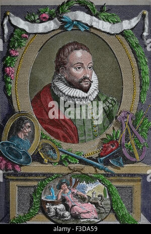 Miguel de Cervantes (1547-1616). Spanish writer. Engraving. 19th century. Color. Stock Photo