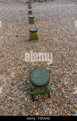 Line of tops of groynes on pebble beach. United Kingdom. Stock Photo