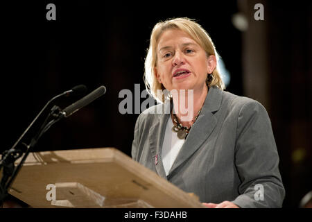 Manchester, UK. 5th October 2015. Natalie Bennett, leader of the Green Party in England and Wales speaks at the People's Post Rally event at Manchester Cathedral. Credit:  Russell Hart/Alamy Live News. Stock Photo