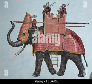 Ancient Age. Carthaginian War Elephant. Engraving. 19th century. Later colouration. Stock Photo