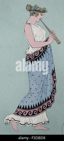 Ancient Greece. Woman playing Aulos. Engraving, 19th century. Color. Stock Photo