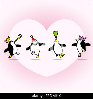 Happy Penguins Dancing with Pale Pink Heart on Pink Background Stock Photo