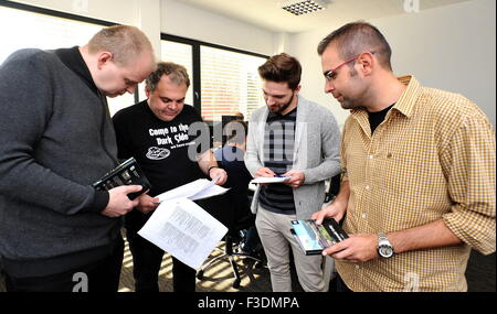Czech IT company ZONER software raised its sales to a record of Kc138m in the past accounting year, which ended in August, mainly thanks to higher revenues from Zonet Photo Studio, which is the firm's best-known product. Pictured from left: Ales Hasala, Software Development Team Leader at ZONER software, Software Developers Ladislav Matula and Michal Dovicovic and Managing Director of ZONER software Michal Prouza in Brno, Czech Republic, October 2, 2015. (CTK Photo/Igor Zehl) Stock Photo