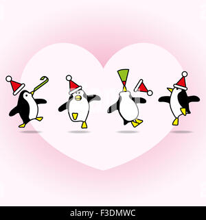 Four Happy Penguins wearing Santa Hats Dancing On Pink Heart background Stock Photo